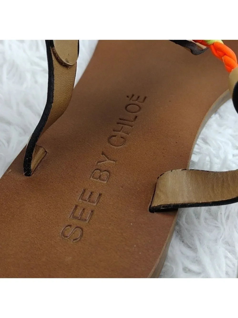 See By Chloe Tan Leather Almond Toe Thong Braided T-Strap Ankle Lace Sandal Shoe